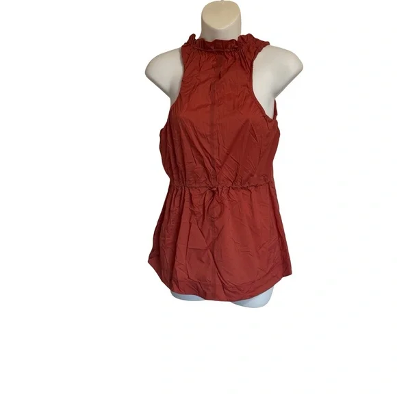 Athleta Rust-Red Terracotta Orange Ruffled High Neck Sleeveless Drawstring Tunic - Picture 2 of 7
